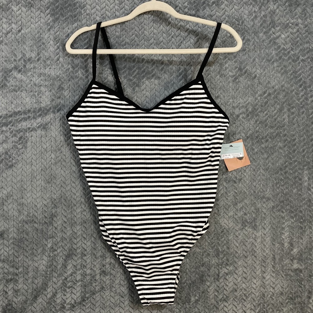 Shade & Shore One Piece Women Large 12/14 Ribbed Black White Striped V-Neck NEW